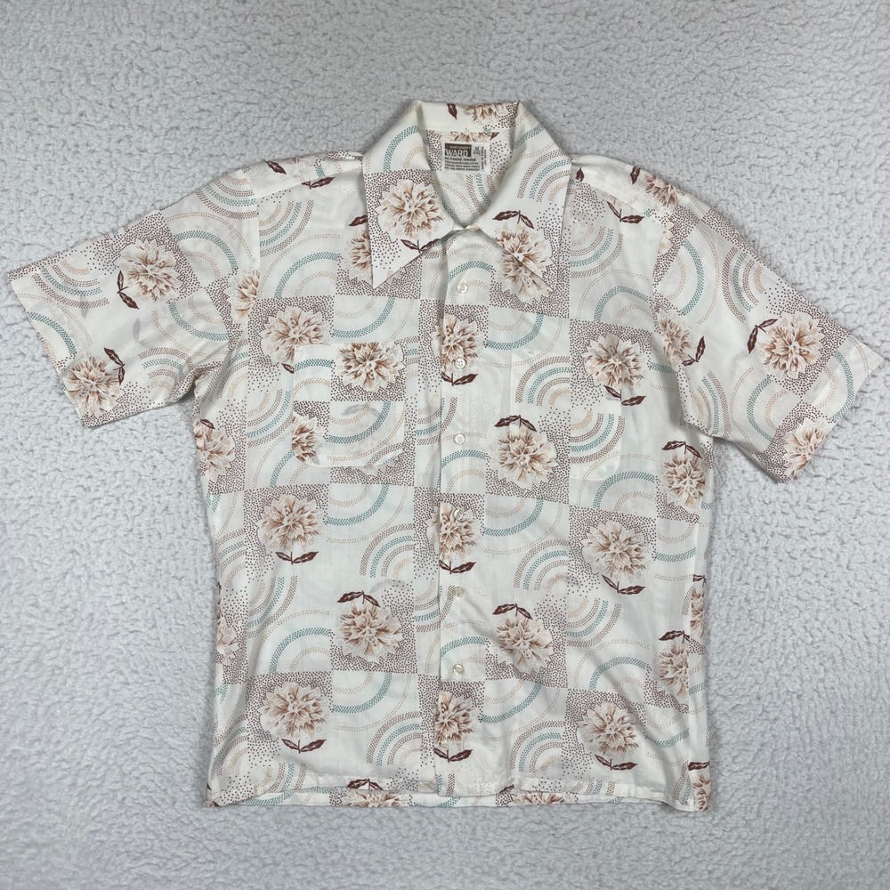 Montgomery Ward Button Up Shirt Mens Medium White Floral 70s Retro Vintage VTG